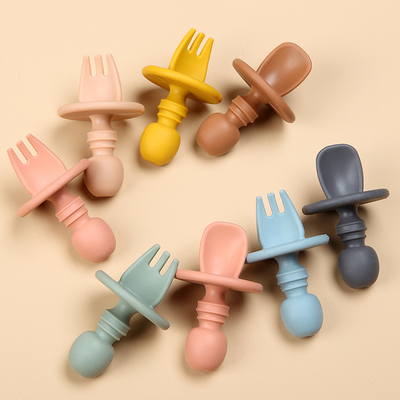 FDA LFGB BPA Approved Silicone Cutlery Set Baby Training Spoon Fork Round Handle Soft Scoop